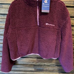 NWT Womens Champion Crop Sherpa Fleece L 1/4 Zip Pullover Burgundy Sweatshirt